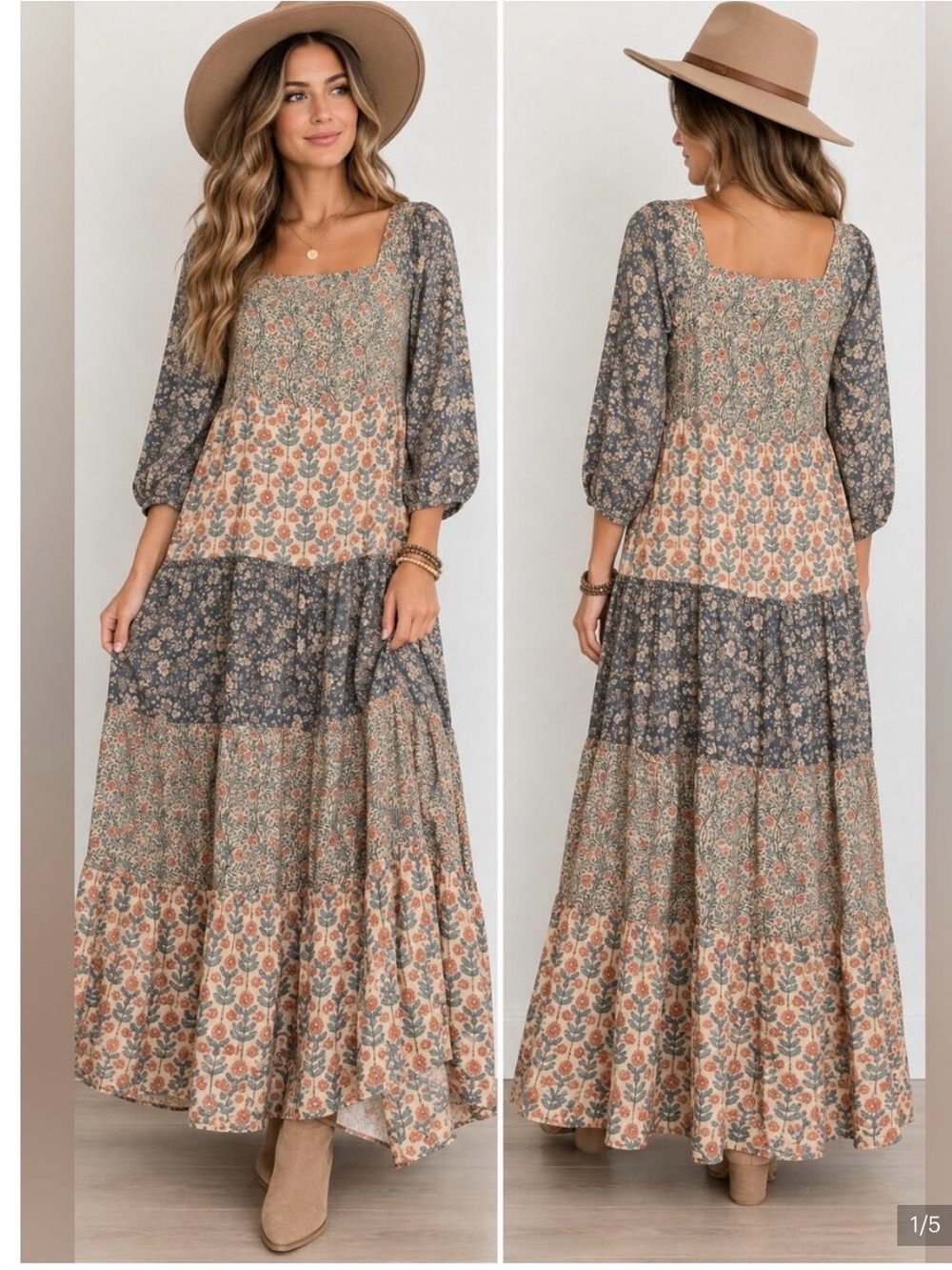 NATURAL LIFE Floral Patchwork Boho Maxi Dress - Peach & Gray